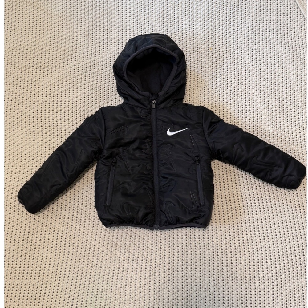 Nike Toddler 2T Black Embossed Swoosh Puffer Jacket Hooded Full Zip Outerwear